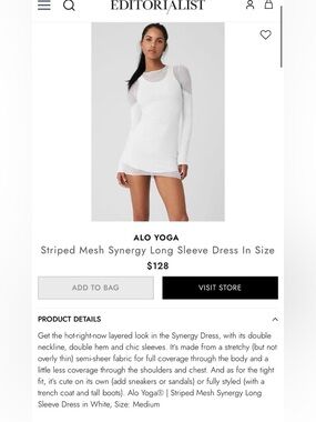 ALO Yoga White Striped Mesh Synergy Long Sleeve Dress
